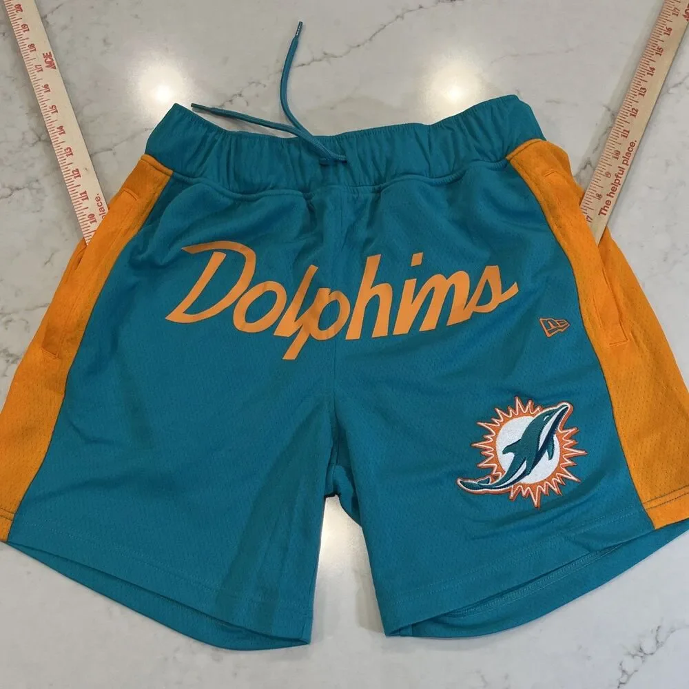 New Era Miami Dolphins Mens Small Mesh Shorts Aqua Orange NFL‎ Team Pockets